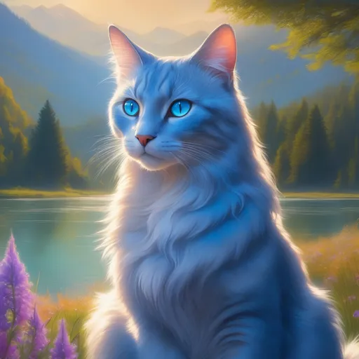 Prompt: warrior cat with {silver-blue fur} and {crystal blue eyes}, senior she-cat, Erin Hunter, gorgeous anime portrait, beautiful cartoon, 2d cartoon, beautiful 8k eyes, elegant {blue fur}, pronounced scar on chest, fine oil painting, modest, gazing at viewer, worm's eye view, frosted flowers, zoomed out view of character, wears a bracelet, 64k, hyper detailed, expressive, timid, graceful, beautiful, expansive silky mane, golden ratio, precise, perfect proportions, vibrant, tanning by a sun-bathed river, hyper detailed, complementary colors, UHD, HDR, top quality artwork, beautiful detailed background, unreal 5, artstaion, deviantart, instagram, professional, masterpiece