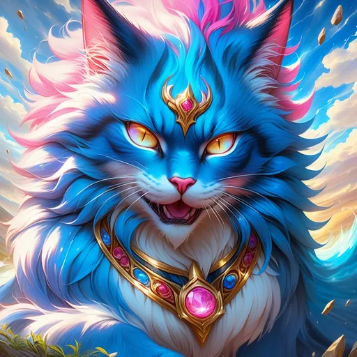 Prompt: young warrior cat with {striped blue fur} and {rose pink eyes}, feral, gorgeous anime portrait, 2d cartoon,  wind element, crackling lightning, beautiful 8k eyes, fine oil painting, intense, wearing shiny bracelet, low angle view,zoomed out view of character,  (unsheathed claws), visible claws, 64k, vast open sky, fine colored pencil,  head turned toward viewer, hyper detailed, expressive, intense, heroic, friendly, compassionate, thick billowing mane, fiery colors, heroic colors, colorful stones, glistening blue fur, golden ratio, intricate detailed fur, precise, perfect proportions, vibrant, prowling by a sun-bathed river, hyper detailed, complementary colors, UHD, HDR, top quality artwork, beautiful detailed background, unreal 5, artstaion, deviantart, instagram, professional, masterpiece