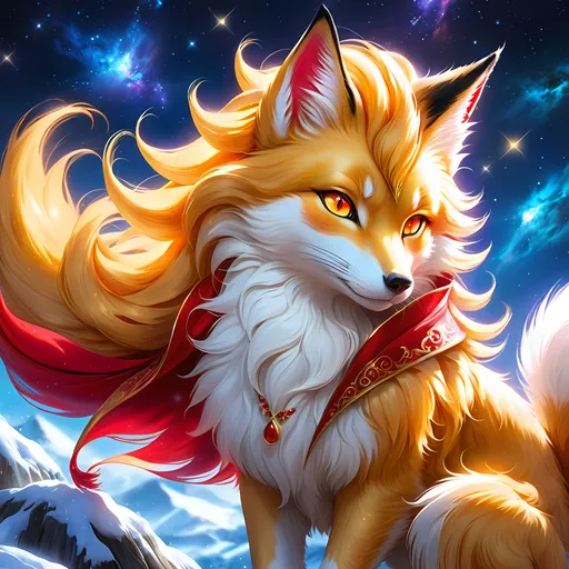 Prompt: warrior (fox) with {bright gold fur} and {ruby red eyes}, feral fox, kitsune, nine-tailed fox, gorgeous anime portrait, beautiful cartoon, beautiful 8k eyes, elegant {red fur}, four-legged, quadruped, pronounced scar on chest, oil painting, modest, gazing at viewer, fiery red eyes, glistening golden hair, furry golden paws, low angle view, 64k, hyper detailed, expressive, graceful, beautiful, small lithe cat, expansive silky golden mane, shining fur, deep starry sky, UHD background, golden ratio, precise, perfect proportions, vibrant colors, standing majestically on a tall crystal stone, hyper detailed, complementary colors, UHD, HDR, top quality art, beautiful detailed background, unreal 5, artstaion, deviantart, instagram, professional, masterpiece