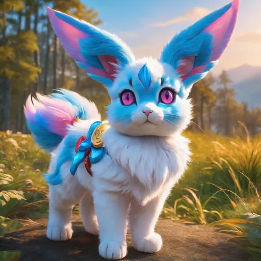 Prompt: (blue Sylveon), realistic, photograph, fantasy, (hyper real), furry, (hyper detailed), extremely beautiful, (on back), playful, UHD, studio lighting, best quality, professional, epic oil painting, ray tracing, 8k eyes, 8k, highly detailed, highly detailed fur, hyper realistic thick fur, canine quadruped, (high quality fur), fluffy, fuzzy, full body shot, hyper detailed eyes, perfect composition, hyper realistic depth, ray tracing, vector art, masterpiece, trending, instagram, artstation, deviantart, best art, best photograph, unreal engine, high octane, cute, adorable smile, lying on back, flipped on back, lazy, peaceful, (highly detailed background), vivid, vibrant, intricate facial detail, incredibly sharp detailed eyes, incredibly realistic scarlet fur, concept art, anne stokes, yuino chiri, character reveal, extremely detailed fur, sapphire sky, complementary colors, golden ratio, rich shading, vivid colors, high saturation colors, nintendo, pokemon, silver light beams