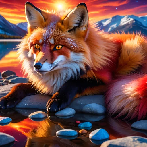 Prompt: beautiful young crimson fox prodigy with (solid crimson fur) and glowing {amber eyes}, feral, epic anime portrait, close up, fiery colors, brilliant sunrise, beautiful 8k eyes, deep starry sky, cosmic auroras, frost, close up, fine oil painting, intense, low angle view, soft HD fur, (unsheathed claws), visible claws, 64k, hyper detailed, expressive, intense, elegant, graceful, silky extravagant mane, deep blue sky, colorful stones, glistening scarlet fur, sprawled at a lake shore, golden ratio, precise, perfect proportions, vibrant, lying by a sun-bathed lake, hyper detailed, complementary colors, UHD, HDR, top quality artwork, beautiful detailed background, unreal 5, artstaion, deviantart, instagram, professional, masterpiece