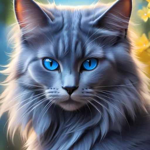Prompt: warrior cat with {russian blue fur} and {crystal blue eyes}, senior she-cat, Erin Hunter, gorgeous anime portrait, beautiful cartoon, 2d cartoon, beautiful 8k eyes, elegant {blue fur}, pronounced scar on chest, fine oil painting, modest, gazing at viewer, beaming blue eyes, glistening blue fur, low angle view, zoomed out view of character, 64k, hyper detailed, expressive, timid, graceful, beautiful, expansive silky mane, golden ratio, precise, perfect proportions, vibrant, standing majestically on a tall crystalline stone, hyper detailed, complementary colors, UHD, HDR, top quality artwork, beautiful detailed background, unreal 5, artstaion, deviantart, instagram, professional, masterpiece