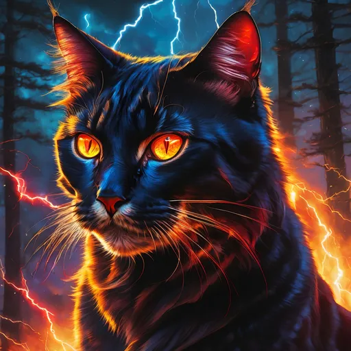 Prompt: young warrior cat with jet black fur and scarlet eyes, tom cat, apprentice, epic anime portrait, lightning element, crackling lightning, beautiful 8k eyes, fine oil painting, intense, wearing shiny bracelet, low angle view,  (unsheathed claws), visible claws, 64k, hyper detailed, expressive, intense, heroic, friendly, compassionate, brawny, thick billowing mane, fiery colors, psychedelic colors, lightning charged atmosphere, colorful stones, glistening black fur, prowling through a twilight forest,  golden ratio, precise, perfect proportions, vibrant, prowling by a sun-bathed river, hyper detailed, complementary colors, UHD, HDR, top quality artwork, beautiful detailed background, unreal 5, artstaion, deviantart, instagram, professional, masterpiece