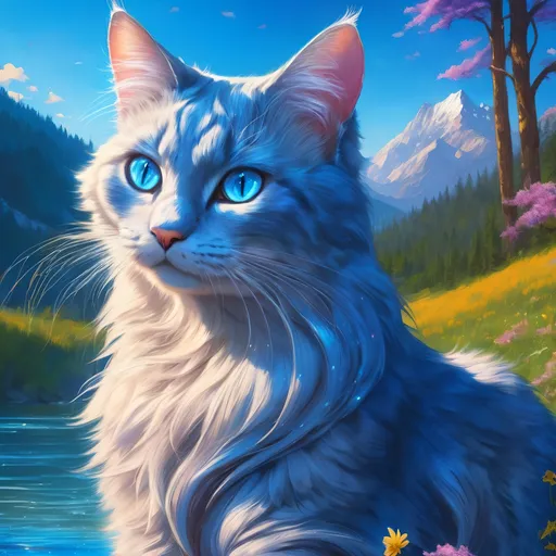 Prompt: warrior cat with {silver-blue fur} and {crystal blue eyes}, senior she-cat, Erin Hunter, gorgeous anime portrait, beautiful cartoon, 2d cartoon, beautiful 8k eyes, elegant {blue fur}, pronounced scar on chest, fine oil painting, modest, gazing at viewer, worm's eye view, frosted flowers, zoomed out view of character, wears a bracelet, 64k, hyper detailed, expressive, timid, graceful, beautiful, expansive silky mane, golden ratio, precise, perfect proportions, vibrant, tanning by a sun-bathed river, hyper detailed, complementary colors, UHD, HDR, top quality artwork, beautiful detailed background, unreal 5, artstaion, deviantart, instagram, professional, masterpiece