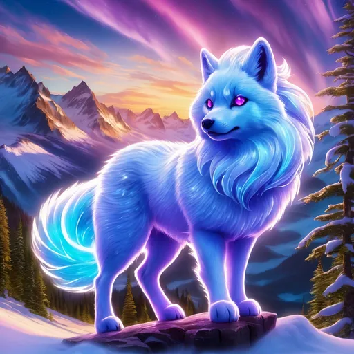 Prompt: {Alolan Vulpix}, growling, Alaskan wolf, ice element, detailed artwork, epic photograph, 64k, detailed background, beautiful auroras, lush cliffside, snowy mountain peaks, brilliant night sky, gleaming hypnotic purple eyes, mischievous, vivid colors, glowing ice aura, thick billowing mane, intricately detailed fur, beautiful detailed eyes, golden ratio, perfect proportions, vibrant, hyper detailed, complementary colors, UHD, HDR, beautiful detailed background, unreal 5, artstaion, deviantart