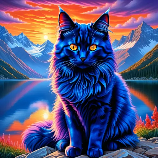 Prompt: detailed oil portrait of a stunning beautiful blue cat with {cobalt blue fur} and {sunset orange eyes}, nine-tailed cat, nine fluffy silver tails, blue nose, feral, kitsune tails, quadruped, tom cat, Warrior cats by Erin Hunter, gorgeous anime portrait, intense cartoon, beautiful 8k eyes, kitsune, nine-tailed fox, ice element, detailed fine fur, fine oil painting, stunning, gorgeous, gazing at viewer, beaming eyes, lake shore sunrise, perfect reflection, shimmering, professional shading, sharply focused red clouds, highly detailed jagged mountain vista, brilliant sunrise on purple sky, (horizontal background), 64k, hyper detailed, expressive, clever, beautiful, thick silky mane, golden ratio, symmetric, accurate anatomy, precise, perfect proportions, vibrant, standing majestically on a mountain, hyper detailed, complementary colors, UHD, HDR, top quality artwork, beautiful detailed background, unreal 5, artstaion, deviantart, instagram, professional, masterpiece