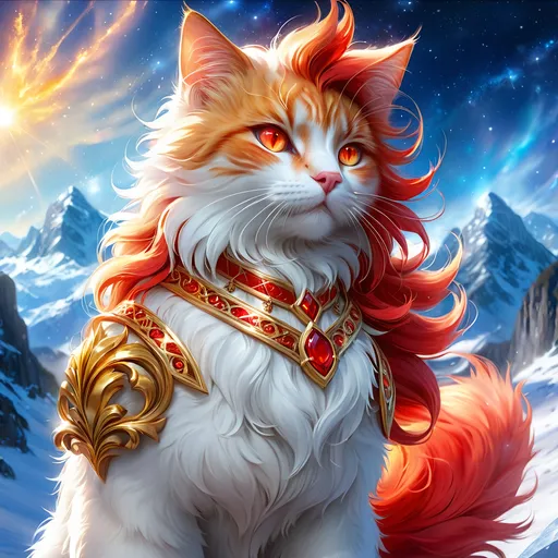 Prompt: clawmaster (cat) with {red fur} and {ruby red eyes}, feral cat, frost, Erin Hunter, gorgeous anime portrait, beautiful cartoon, beautiful 8k eyes, elegant {red fur}, pronounced scar on chest, fire element, flame, fine oil painting, modest, gazing at viewer, fiery red eyes, glistening golden hair, low angle view, zoomed out view of character, 64k, hyper detailed, expressive, timid, graceful, beautiful, expansive silky mane, deep starry sky, UHD background, golden ratio, precise, perfect proportions, vibrant colors, standing majestically on a tall crystal stone, hyper detailed, complementary colors, UHD, HDR, top quality art, beautiful detailed background, unreal 5, artstaion, deviantart, instagram, professional, masterpiece