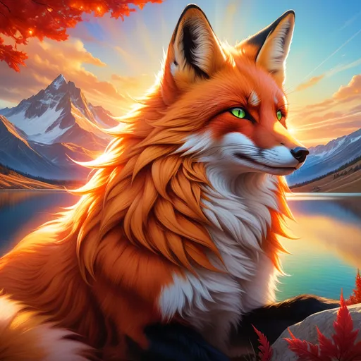 Prompt: champion prodigy fox with (bright crimson fur) and {amber green eyes}, feral, gorgeous anime portrait, soft detailed fur,  fire element, flame, female fox, beautiful 8k eyes, fine oil painting, intense, wearing shiny bracelet, low angle view, (unsheathed claws), visible claws, 64k, fine colored pencil, head turned toward viewer, hyper detailed, expressive, graceful, plump, glistening silky mane, fiery colors, windstorm, colorful stones, vast open sky, glistening black fur highlights, sitting on hilltop,  golden ratio, intricate detailed fur, precise, perfect proportions, vibrant, at a sun-bathed lake, hyper detailed, complementary colors, UHD, HDR, top quality artwork, beautiful detailed background, unreal 5, artstaion, deviantart, instagram, professional, masterpiece