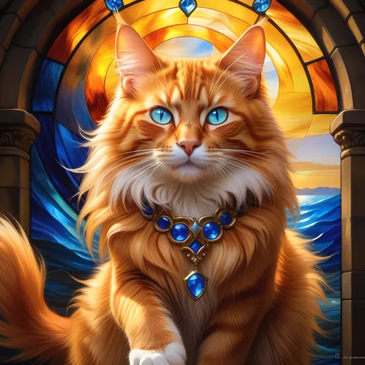 Prompt: ginger tabby warrior cat with {fiery gold fur} and {sapphire blue eyes}, brave male cat, epic RPG portrait, beautiful 8k eyes, fine oil painting, intense, lunging at viewer, wearing shiny bracelet, low angle view,  (unsheathed claws), visible claws, 64k, hyper detailed, expressive, intense, hissing cat, aggressive, intelligent, lithe, small, covered in scratches and scars, thick billowing mane, glistening golden fur, golden ratio, precise, perfect proportions, vibrant, prowling by a sun-bathed river, hyper detailed, complementary colors, UHD, HDR, top quality artwork, beautiful detailed background, highly detailed paws, unreal 5, artstaion, deviantart, instagram, professional, masterpiece