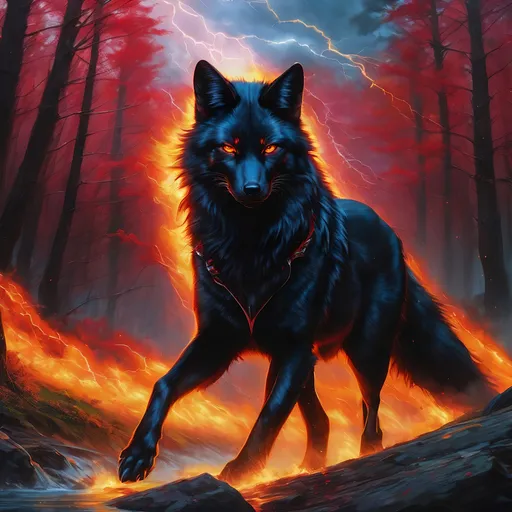 Prompt: young warrior black fox with (solid jet black fur) and scarlet eyes, feral, epic anime portrait, lightning element, crackling lightning, beautiful 8k eyes, fine oil painting, intense, wearing shiny bracelet, low angle view,  (unsheathed claws), visible claws, 64k, hyper detailed, expressive, intense, heroic, friendly, compassionate, brawny, thick billowing mane, fiery colors, psychedelic colors, lightning charged atmosphere, colorful stones, glistening black fur, prowling through a twilight forest,  golden ratio, precise, perfect proportions, vibrant, prowling by a sun-bathed river, hyper detailed, complementary colors, UHD, HDR, top quality artwork, beautiful detailed background, unreal 5, artstaion, deviantart, instagram, professional, masterpiece