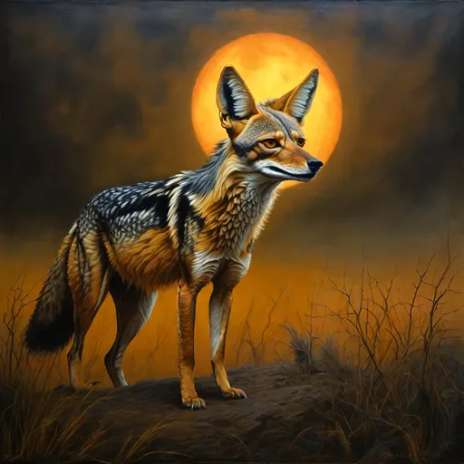 Prompt: epic {black backed jackal} howling at {golden moon}, billowing wild fur, haunting orange eyes, 64k, realistic, photograph, spooky, haunting, foggy, studio lighting, highly detailed, intricately detailed, hyper realism, cinematic, highly detailed background, finely detailed fur, finely detailed oil painting, masterpiece