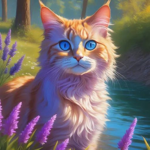 Prompt: warrior cat with {lavender fur} and {crystal blue eyes}, young female cat, epic anime portrait, beautiful 8k eyes, elegant {colorful lavender fur}, fine oil painting, modest, gazing at viewer, worm's eye view, frosted flowers, zoomed out view of character, wears a bracelet, 64k, hyper detailed, expressive, timid, graceful, beautiful, expansive silky mane, golden ratio, precise, perfect proportions, vibrant, prowling by a sun-bathed river, hyper detailed, complementary colors, UHD, HDR, top quality artwork, beautiful detailed background, unreal 5, artstaion, deviantart, instagram, professional, masterpiece