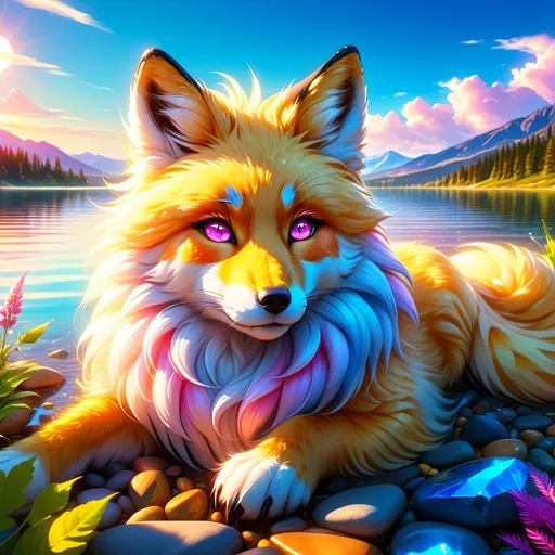 Prompt: beautiful young golden fox prodigy with (white-gold fur) and glowing {ruby pink eyes}, {sky blue paws and ears, curly blue hair}, feral, epic anime portrait, close up, sunny colors, brilliant sunrise, beautiful 8k eyes, light fluffy clouds, lush verdant greenery, close up, fine oil painting, low angle view, soft HD fur, (unsheathed claws), visible claws, 64k, hyper detailed, expressive, energetic, vibrant, fluffy mane, petite, deep blue sky, colorful stones, glistening golden fur, sprawled at a lake shore, golden ratio, precise, perfect proportions, vibrant colors, vivid colors, lying by a sun-bathed lake, hyper detailed, complementary colors, UHD, HDR, top quality artwork, beautiful detailed background, unreal 5, artstaion, deviantart, instagram, professional, masterpiece