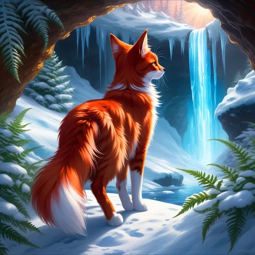 Prompt: warrior cat with {shiny red fur} and {ice blue eyes}, feral, quadruped, young she-cat, by Erin Hunter, gorgeous anime portrait, intense cartoon, beautiful 8k eyes, elegant {scarlet and garnet fur}, {pelt looks like a vixen fox}, fine oil painting, stunning, gorgeous, back view, gazing at viewer, beaming blue eyes, looking back, rear view, glistening scarlet fur, draped in ferns, snowstorm, ice element, 64k, hyper detailed, expressive, witty, graceful, beautiful, expansive silky mane, crystal mountain cave, secluded crystal river, golden ratio, precise, perfect proportions, vibrant, standing majestically on a tall crystal stone, hyper detailed, complementary colors, UHD, HDR, top quality artwork, beautiful detailed background, unreal 5, artstaion, deviantart, instagram, professional, masterpiece