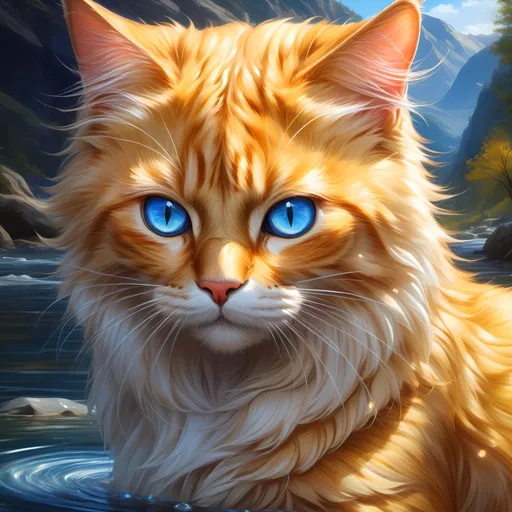 Prompt: warrior cat with pearl-gold fur and sapphire blue eyes, tom cat, epic anime portrait, beautiful 8k eyes, fine oil painting, intense, lunging at viewer, wearing shiny bracelet, worm's eye view, zoomed out view of character,  (unsheathed claws), visible claws, 64k, hyper detailed, expressive, intense, hissing cat, aggressive, intelligent, lithe, small, covered in scratches and scars, thick billowing mane, glistening golden fur, golden ratio, precise, perfect proportions, vibrant, prowling by a sun-bathed river, hyper detailed, complementary colors, UHD, HDR, top quality artwork, beautiful detailed background, unreal 5, artstaion, deviantart, instagram, professional, masterpiece