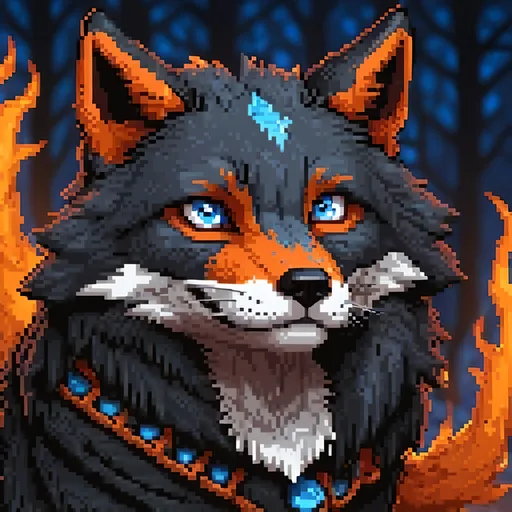 Prompt: beautiful black fox warrior with jet black fur and {dusk orange and twilight blue} eyes, kitsune, feral fox, nine-tailed fox, brawny, fierce, fire and ice, close up, detailed background, highly detailed