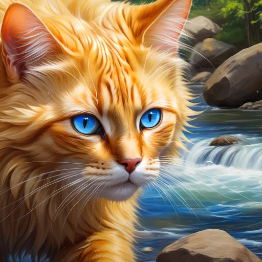 Prompt: warrior cat with pearl-gold fur and sapphire blue eyes, tom cat, epic anime portrait, beautiful 8k eyes, fine oil painting, intense, lunging at viewer, wearing shiny bracelet, worm's eye view, zoomed out view of character,  (unsheathed claws), visible claws, 64k, hyper detailed, expressive, intense, hissing cat, aggressive, intelligent, lithe, small, covered in scratches and scars, thick billowing mane, glistening golden fur, golden ratio, precise, perfect proportions, vibrant, prowling by a sun-bathed river, hyper detailed, complementary colors, UHD, HDR, top quality artwork, beautiful detailed background, unreal 5, artstaion, deviantart, instagram, professional, masterpiece