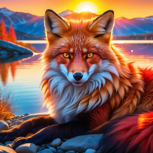 Prompt: young crimson fox prodigy with (solid crimson fur) and glowing {amber eyes}, feral, epic anime portrait, close up, fiery colors, brilliant sunrise, beautiful 8k eyes, close up, fine oil painting, intense, low angle view, soft HD fur, frosted fur, (unsheathed claws), visible claws, 64k, hyper detailed, expressive, intense, elegant, graceful, silky extravagant mane, deep blue sky, colorful stones, glistening scarlet fur, sprawled at a lake shore, golden ratio, precise, perfect proportions, vibrant, lying by a sun-bathed lake, hyper detailed, complementary colors, UHD, HDR, top quality artwork, beautiful detailed background, unreal 5, artstaion, deviantart, instagram, professional, masterpiece