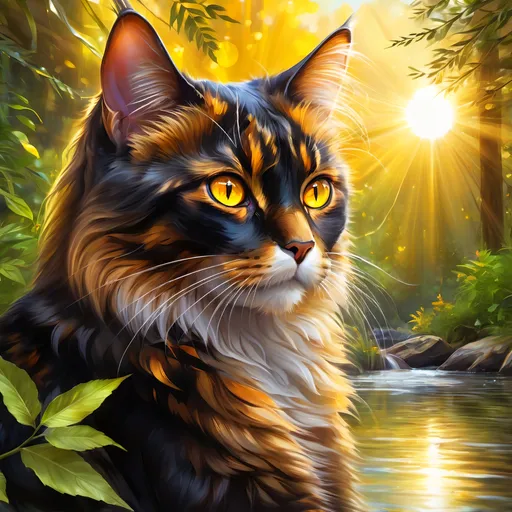 Prompt: warrior cat with {dark tortoiseshell fur} and bright {yellow eyes}, small young beautiful she-cat, epic anime portrait, beautiful 8k eyes, fine oil painting, serene, gazing at viewer, wearing shiny bracelet, lush fantasy forest, surrounded by herbs, 64k, hyper detailed, expressive, intelligent, small, smooth silky fur, thick silky mane, glistening golden fur, golden ratio, precise, perfect proportions, vibrant, sitting by a sun-bathed river, hyper detailed, dynamic, complementary colors, UHD, HDR, top quality artwork, beautiful detailed background, unreal 5, artstaion, deviantart, instagram, professional, masterpiece