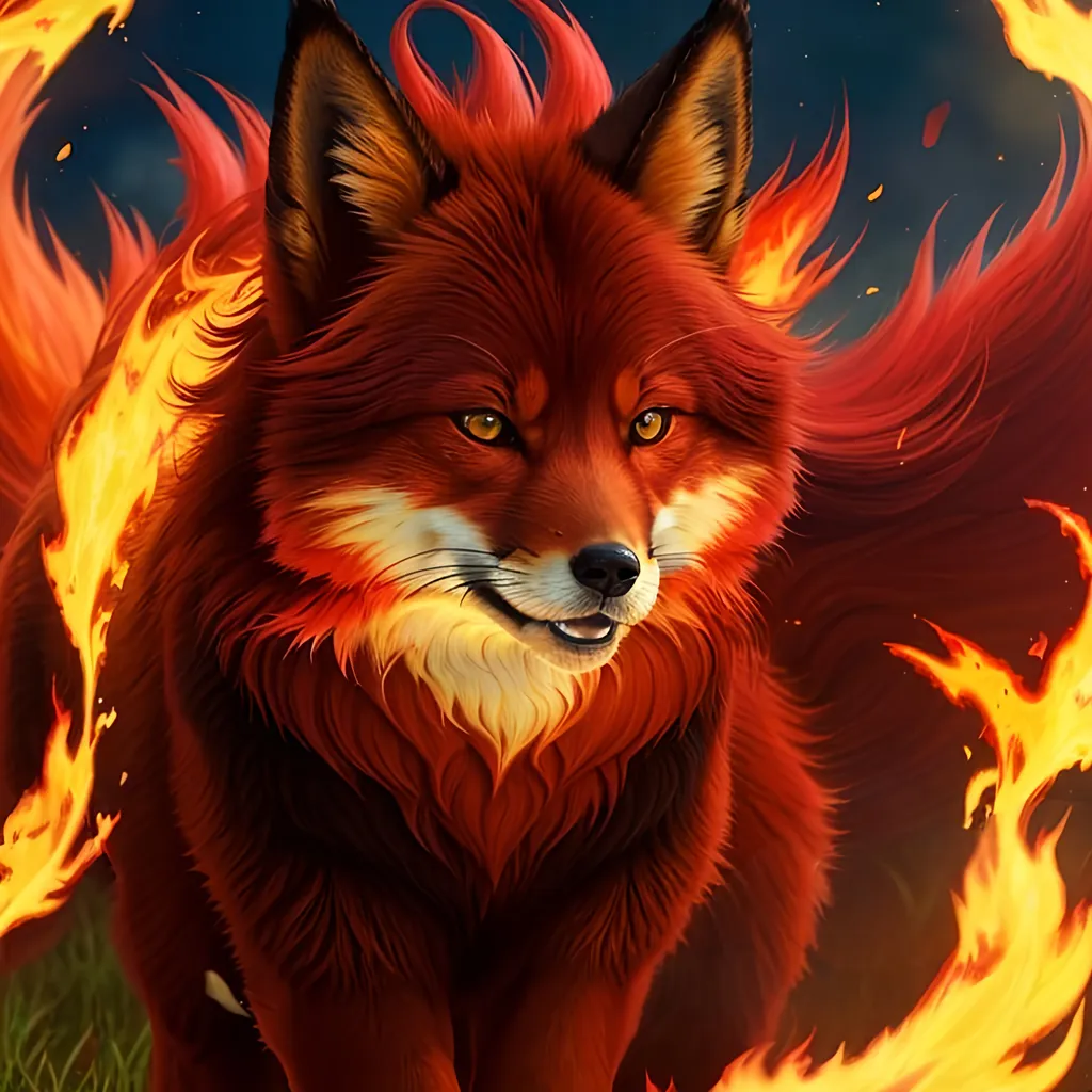 Prompt: remove tail, portrait of fire elemental (fox), (canine quadruped), layers of thick silky crimson-red fur, yellow-green eyes, (plump:2), plump figure, close-up, 8k eyes, youthful, lively, expressive, lithe, black fur highlights, arched back, umber red mane, solid red belly, graceful, UHD, highly detailed, masterpiece, vivid colors, vibrant, global illumination, wispy ruby-red mane, snow-capped trees, complementary colors, detailed oil painting, cinematic, intricate detailed face, dynamic, highly detailed, detailed smiling face, 4k, 64k, UHD