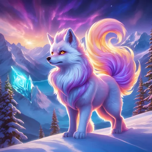 Prompt: {Alolan Vulpix}, growling, Alaskan wolf, ice element, detailed artwork, epic photograph, 64k, detailed background, beautiful auroras, lush cliffside, snowy mountain peaks, brilliant night sky, gleaming hypnotic purple eyes, mischievous, vivid colors, glowing ice aura, thick billowing mane, intricately detailed fur, beautiful detailed eyes, golden ratio, perfect proportions, vibrant, hyper detailed, complementary colors, UHD, HDR, beautiful detailed background, unreal 5, artstaion, deviantart