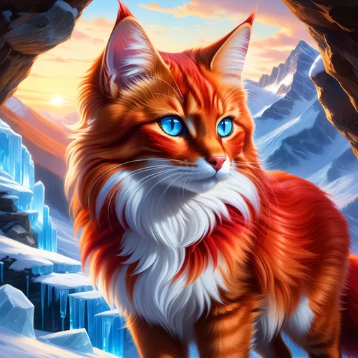 Prompt: warrior cat with {shiny red fur} and {ice blue eyes}, feral, quadruped, young she-cat, by Erin Hunter, gorgeous anime portrait, intense cartoon, beautiful 8k eyes, elegant {scarlet and garnet fur}, {pelt looks like a vixen fox}, fine oil painting, stunning, gorgeous, gazing at viewer, beaming blue eyes, glistening scarlet fur, snowstorm, ice element, 64k, hyper detailed, expressive, witty, graceful, beautiful, expansive silky mane, crystal mountain cave, golden ratio, precise, perfect proportions, vibrant, standing majestically on a tall crystal stone, hyper detailed, complementary colors, UHD, HDR, top quality artwork, beautiful detailed background, unreal 5, artstaion, deviantart, instagram, professional, masterpiece