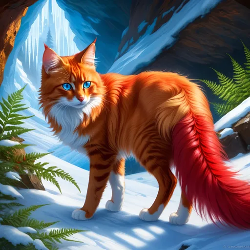 Prompt: warrior cat with {shiny red fur} and {ice blue eyes}, feral, quadruped, young she-cat, by Erin Hunter, gorgeous anime portrait, intense cartoon, beautiful 8k eyes, elegant {scarlet and garnet fur}, {pelt looks like a vixen fox}, fine oil painting, stunning, gorgeous, back view, looking backward, gazing at viewer, beaming blue eyes, glistening scarlet fur, draped in ferns, snowstorm, ice element, 64k, hyper detailed, expressive, witty, graceful, beautiful, expansive silky mane, crystal mountain cave, golden ratio, precise, perfect proportions, vibrant, standing majestically on a tall crystal stone, hyper detailed, complementary colors, UHD, HDR, top quality artwork, beautiful detailed background, unreal 5, artstaion, deviantart, instagram, professional, masterpiece