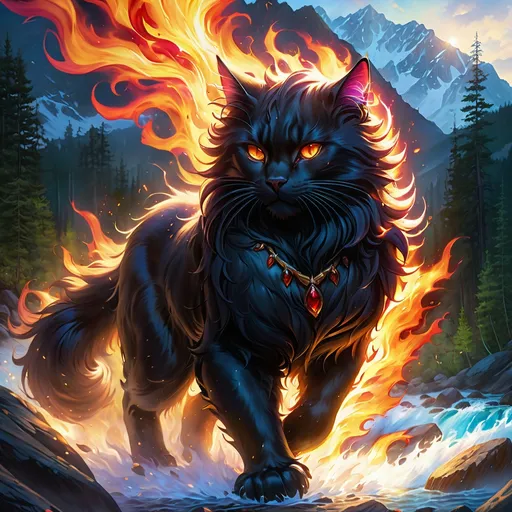 Prompt: young warrior cat with jet black fur and scarlet eyes, tom cat, apprentice, epic anime portrait, fire element, flame, beautiful 8k eyes, fine oil painting, intense, wearing shiny bracelet, low angle view, zoomed out view of character,  (unsheathed claws), visible claws, 64k, hyper detailed, expressive, intense, heroic, friendly, compassionate, brawny, thick billowing mane, fiery colors, colorful stones, glistening black fur, prowling through a twilight forest,  golden ratio, precise, perfect proportions, vibrant, prowling by a sun-bathed river, hyper detailed, complementary colors, UHD, HDR, top quality artwork, beautiful detailed background, unreal 5, artstaion, deviantart, instagram, professional, masterpiece