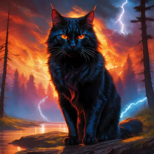 Prompt: young warrior cat with jet black fur and scarlet eyes, tom cat, apprentice, epic anime portrait, lightning element, crackling lightning, beautiful 8k eyes, fine oil painting, intense, wearing shiny bracelet, low angle view,  (unsheathed claws), visible claws, 64k, hyper detailed, expressive, intense, heroic, friendly, compassionate, brawny, thick billowing mane, fiery colors, psychedelic colors, lightning charged atmosphere, colorful stones, glistening black fur, prowling through a twilight forest,  golden ratio, precise, perfect proportions, vibrant, prowling by a sun-bathed river, hyper detailed, complementary colors, UHD, HDR, top quality artwork, beautiful detailed background, unreal 5, artstaion, deviantart, instagram, professional, masterpiece