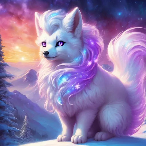 Prompt: {Alolan Vulpix}, gleaming hypnotic {amethyst purple eyes}, frost, ice element, detailed artwork, beautiful oil painting, 64k, detailed background, cosmic auroras, deep starry sky, lush cliffside, snowy mountain peaks, brilliant night sky, big purple ears, big beautiful 8k eyes, mischievous, vivid colors, thick fluffy fur, glowing ice aura, snow princess, bashful rosy cheeks, timid, bright rosy cheeks, thick billowing mane, intricately detailed fur, beautiful detailed eyes, , by Anne Stokes, golden ratio, perfect proportions, vibrant, hyper detailed, complementary colors, UHD, beautiful detailed background