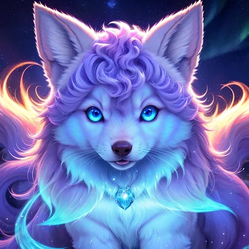 Prompt: {Alolan Vulpix}, growling, wolf, ice element, detailed artwork, portrait, 8k, detailed background, beautiful auroras, brilliant night sky, gleaming hypnotic purple eyes, mischievous, thick billowing mane, beautiful detailed eyes, golden ratio, perfect proportions, close up, complementary colors, UHD