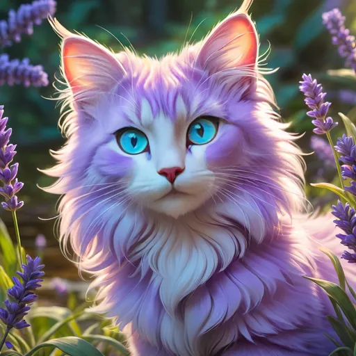 Prompt: warrior cat with {lavender fur} and {crystal blue eyes}, young she-cat, gorgeous anime portrait, beautiful cartoon, 2d cartoon, beautiful 8k eyes, elegant {colorful lavender fur}, fine oil painting, modest, gazing at viewer, worm's eye view, frosted flowers, zoomed out view of character, wears a bracelet, 64k, hyper detailed, expressive, timid, graceful, beautiful, expansive silky mane, golden ratio, precise, perfect proportions, vibrant, tanning by a sun-bathed river, hyper detailed, complementary colors, UHD, HDR, top quality artwork, beautiful detailed background, unreal 5, artstaion, deviantart, instagram, professional, masterpiece