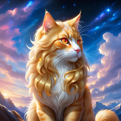 Prompt: clawmaster (cat) with {golden fur} and {ruby red eyes}, feral cat, Erin Hunter, gorgeous anime portrait, beautiful cartoon, beautiful 8k eyes, elegant {gold fur}, pronounced scar on chest, fine oil painting, modest, gazing at viewer, fiery red eyes, glistening golden hair, low angle view, zoomed out view of character, 64k, hyper detailed, expressive, timid, graceful, beautiful, expansive silky mane, deep starry sky, UHD background, golden ratio, precise, perfect proportions, vibrant colors, standing majestically on a tall crystal stone, hyper detailed, complementary colors, UHD, HDR, top quality art, beautiful detailed background, unreal 5, artstaion, deviantart, instagram, professional, masterpiece