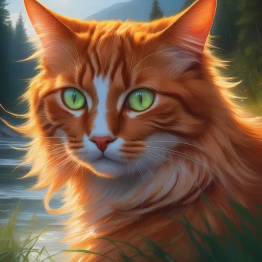 Prompt: warrior cat with {fiery orange fur} and bright green eyes, young male cat, epic anime portrait, beautiful 8k eyes, fine oil painting, intense, lunging at viewer, wearing shiny bracelet, solid red belly, worm's eye view, zoomed out view of character,  (unsheathed claws), visible claws, 64k, hyper detailed, expressive, intense, hissing cat, aggressive, intelligent, lithe, small, covered in scratches and scars, thick billowing mane, glistening golden fur, golden ratio, precise, perfect proportions, vibrant, prowling by a sun-bathed river, hyper detailed, dynamic, complementary colors, UHD, HDR, top quality artwork, beautiful detailed background, unreal 5, artstaion, deviantart, instagram, professional, masterpiece