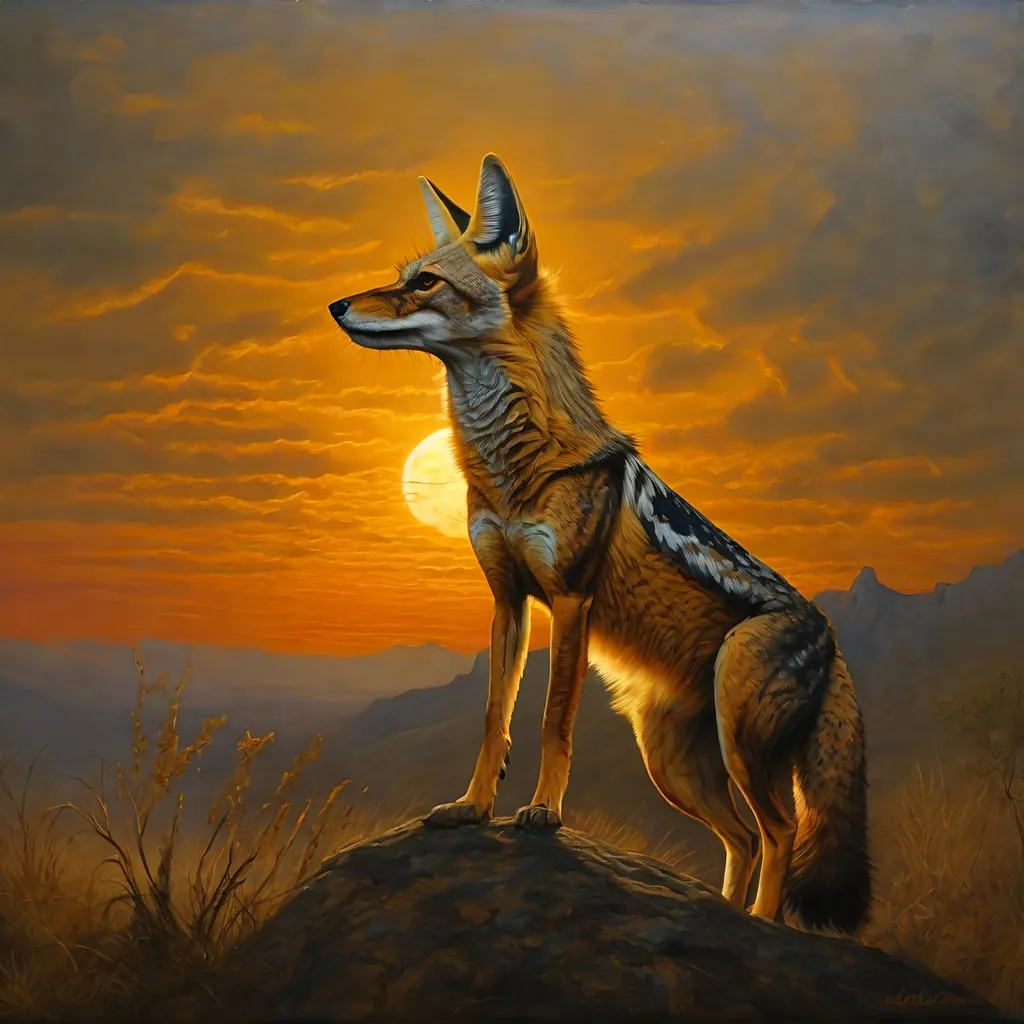 Prompt: epic {black backed jackal} howling at {golden moon}, billowing wild fur, haunting orange eyes, 64k, realistic, photograph, spooky, haunting, foggy, studio lighting, highly detailed, intricately detailed, hyper realism, cinematic, highly detailed background, finely detailed fur, finely detailed oil painting, masterpiece