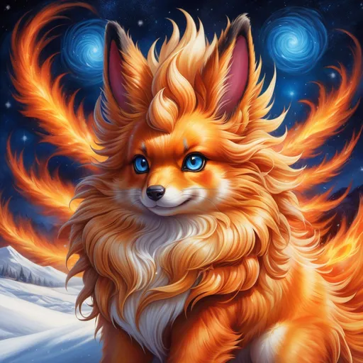 Prompt: {Flareon}, brilliant {blue eyes}, flame, fire element, feral, detailed artwork, beautiful oil painting, 64k, detailed background, snowy field, frost, deep starry sky, brilliant sunrise sky, big golden ears, beautiful dark muzzle, big beautiful 8k eyes, brave, vivid colors, thick fluffy fur, glowing fiery aura, thick billowing mane, intricately detailed fur, beautiful detailed eyes, , by Anne Stokes, golden ratio, perfect proportions, vibrant, hyper detailed, complementary colors, UHD, beautiful detailed background