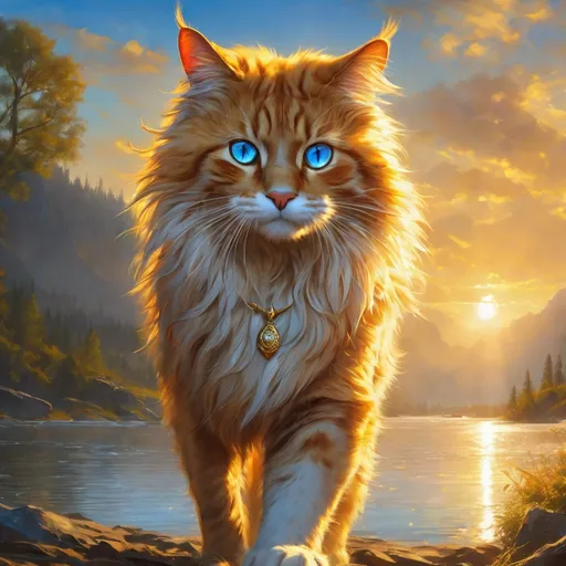 Prompt: warrior cat with pearl-gold fur and sapphire blue eyes, young male cat, epic anime portrait, beautiful 8k eyes, fine oil painting, intense, lunging at viewer, worm's eye view, zoomed out view of character,  (unsheathed claws), visible claws, wears a bracelet, 64k, hyper detailed, expressive, intense, hissing cat, aggressive, intelligent, lithe, covered in scratches and scars, billowing ruffled mane, golden ratio, precise, perfect proportions, vibrant, prowling by a sun-bathed river, hyper detailed, complementary colors, UHD, HDR, top quality artwork, beautiful detailed background, unreal 5, artstaion, deviantart, instagram, professional, masterpiece