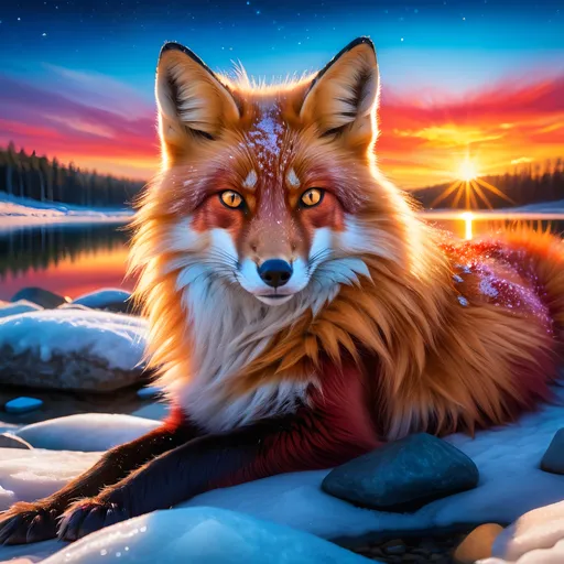 Prompt: beautiful young crimson fox prodigy with (solid crimson fur) and glowing {amber eyes}, feral, epic anime portrait, close up, fiery colors, brilliant sunrise, beautiful 8k eyes, deep starry sky, cosmic auroras, frost, close up, fine oil painting, intense, low angle view, soft HD fur, (unsheathed claws), visible claws, 64k, hyper detailed, expressive, intense, elegant, graceful, silky extravagant mane, deep blue sky, colorful stones, glistening scarlet fur, sprawled at a lake shore, golden ratio, precise, perfect proportions, vibrant, lying by a sun-bathed lake, hyper detailed, complementary colors, UHD, HDR, top quality artwork, beautiful detailed background, unreal 5, artstaion, deviantart, instagram, professional, masterpiece