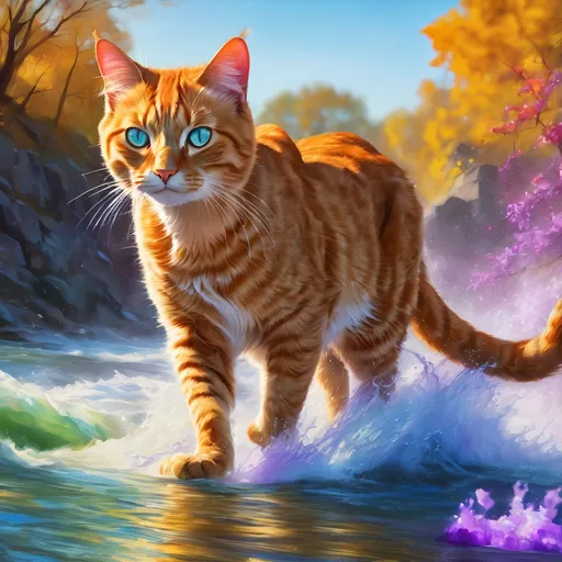 Prompt: warrior cat with lilac fur and amethyst eyes, young male cat, epic anime portrait, beautiful 8k eyes, fine oil painting, intense, lunging at viewer, wearing shiny bracelet, worm's eye view, zoomed out view of character,  (unsheathed claws), visible claws, 64k, hyper detailed, expressive, intense, hissing cat, aggressive, intelligent, lithe, small, covered in scratches and scars, thick billowing mane, glistening golden fur, golden ratio, precise, perfect proportions, vibrant, prowling by a sun-bathed river, splashing, hyper detailed, dynamic, complementary colors, UHD, HDR, top quality artwork, beautiful detailed background, unreal 5, artstaion, deviantart, instagram, professional, masterpiece