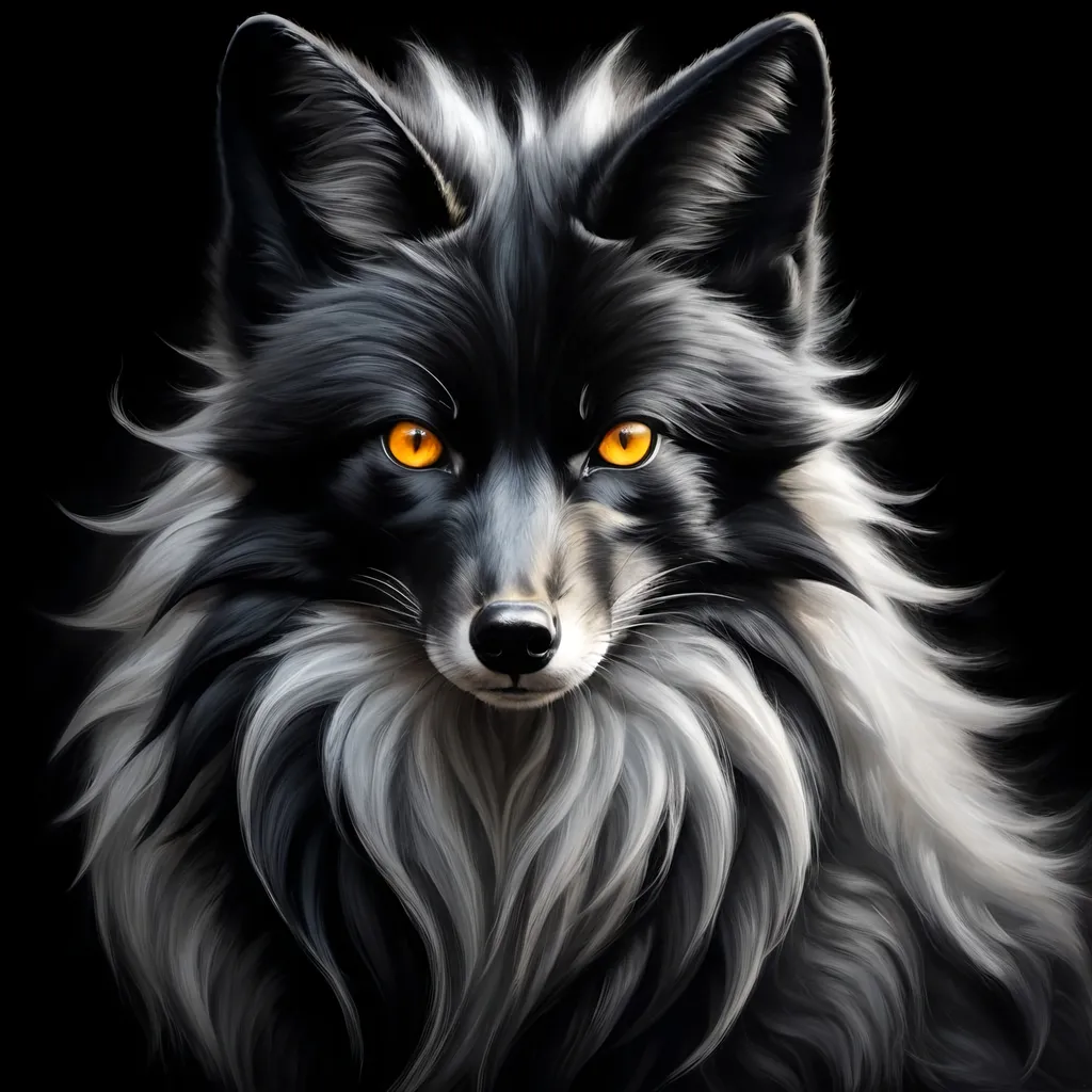 Prompt: painting of a large powerful male black fox champion with 8 tails, jet black and white fur, brilliant and beautiful 8k amber eyes, feral, charcoal fur, charcoal drawing, oil painting, Fire and ice, soft fluffy mane, golden ratio, symmetric, expressive, up close, intense, intricate detailed fur, highly detailed fur