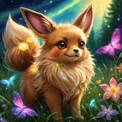 Prompt: (best quality: 1.5), (high quality:1.5), (intricate detail: 1.5), painting of an insanely beautiful magical Eevee, furry, fuzzy, happy, jubilant, magical, fairy dust, twinkling, bright colors, sparkling fur, shimmering, glistening, fairy dust in fur, dancing, running through a field, glistening golden fur, sparkling eyes, cute fangs, cute, vivid colors, vibrant colors, up close, close up, auroras, aurora halo, surreal, UHD, horizontal background, professional shading, 3D painting, ultra realistic fur, depth, running toward viewer, insanely detailed background, detailed fantasy style, insanely detailed fur, ultra detailed illustration, immaculate fur, fantasy, flying, professional digital painting, expressive face, beautiful eyes, 8k eyes, artstation, deviantart, Anne Stokes, trending, hyper detailed, stunning, breathtaking, beautiful, graceful, ethereal, enchanting, enchanted grassland, sparkling fireflies, breezy summer night, starry sky, 8k, 16k, 64k, unreal engine, perfect pose, golden ratio, symmetric, perfect proportions