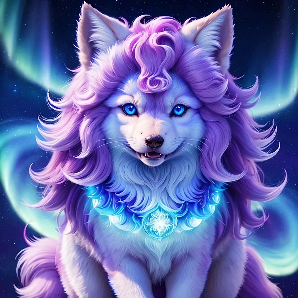 Prompt: {Alolan Vulpix}, growling, wolf, ice element, detailed artwork, portrait, 8k, detailed background, beautiful auroras, brilliant night sky, gleaming hypnotic purple eyes, mischievous, thick billowing mane, beautiful detailed eyes, golden ratio, perfect proportions, complementary colors, UHD