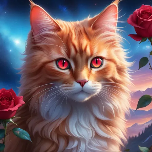 Prompt: warrior (cat) with {rose gold fur} and {ruby red eyes}, senior she-cat, feral cat, frost, Erin Hunter, gorgeous anime portrait, beautiful cartoon, 2d cartoon, beautiful 8k eyes, elegant {blue fur}, pronounced scar on chest, fine oil painting, modest, gazing at viewer, beaming red eyes, glistening gold fur, low angle view, zoomed out view of character, 64k, hyper detailed, expressive, timid, graceful, beautiful, expansive silky mane, deep starry sky, UHD background, golden ratio, precise, perfect proportions, vibrant, standing majestically on a tall crystal stone, hyper detailed, complementary colors, UHD, HDR, top quality artwork, beautiful detailed background, unreal 5, artstaion, deviantart, instagram, professional, masterpiece