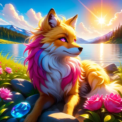 Prompt: beautiful young golden fox prodigy with (white-gold fur) and glowing (ruby magenta eyes), {sky blue paws and ears, curly blue hair}, feral, epic anime portrait, close up, sunny colors, brilliant sunrise, beautiful 8k eyes, light fluffy clouds, lush verdant greenery, close up, fine oil painting, low angle view, soft HD fur, (unsheathed claws), visible claws, 64k, hyper detailed, expressive, energetic, vibrant, fluffy mane, petite, deep blue sky, colorful stones, glistening golden fur, bashful rosy cheeks, sprawled at a lake shore, golden ratio, precise, perfect proportions, vibrant colors, vivid colors, lying by a sun-bathed lake, hyper detailed, complementary colors, UHD, HDR, top quality artwork, beautiful detailed background, unreal 5, artstaion, deviantart, instagram, professional, masterpiece