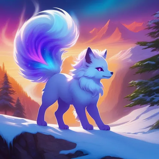 Prompt: {Alolan Vulpix}, growling, wolf, ice element, detailed artwork, portrait, 64k, 3d, detailed background, beautiful auroras, lush cliffside, snowy mountain peaks, brilliant night sky, gleaming hypnotic purple eyes, mischievous, psychedelic colors, thick billowing mane, beautiful detailed eyes, golden ratio, perfect proportions, complementary colors, UHD