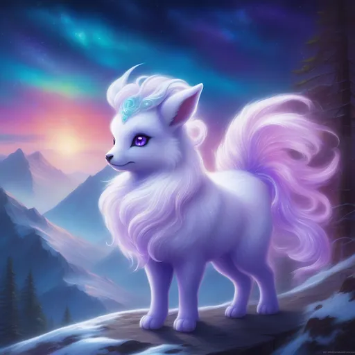 Prompt: {Alolan Vulpix}, gleaming hypnotic {amethyst purple eyes}, frost, ice element, detailed artwork, beautiful oil painting, 64k, detailed background, cosmic auroras, deep starry sky, lush cliffside, snowy mountain peaks, brilliant night sky, big purple ears, big beautiful 8k eyes, mischievous, vivid colors, thick fluffy fur, glowing ice aura, snow princess, bashful rosy cheeks, timid, bright rosy cheeks, thick billowing mane, intricately detailed fur, beautiful detailed eyes, , by Anne Stokes, golden ratio, perfect proportions, vibrant, hyper detailed, complementary colors, UHD, beautiful detailed background