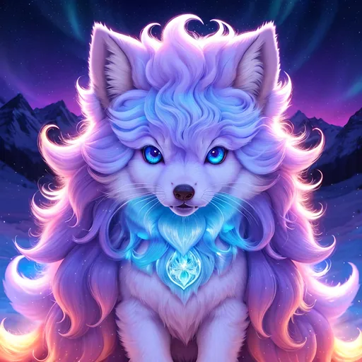 Prompt: {Alolan Vulpix}, growling, wolf, ice element, detailed artwork, portrait, 8k, detailed background, beautiful auroras, brilliant night sky, gleaming hypnotic purple eyes, mischievous, thick billowing mane, beautiful detailed eyes, golden ratio, perfect proportions, complementary colors, UHD