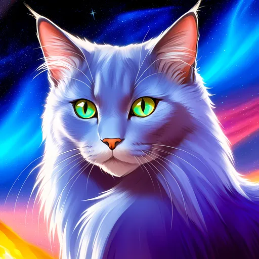 Prompt: warrior cat with {russian blue fur} and {crystal blue eyes}, senior she-cat, Erin Hunter, gorgeous anime portrait, beautiful cartoon, 2d cartoon, beautiful 8k eyes, elegant {blue fur}, pronounced scar on chest, fine oil painting, modest, gazing at viewer, beaming blue eyes, brilliant cosmic auroras, glistening blue fur, low angle view, zoomed out view of character, 64k, hyper detailed, expressive, timid, graceful, beautiful, expansive silky mane, golden ratio, precise, perfect proportions, vibrant, standing majestically on a tall crystal stone, hyper detailed, complementary colors, UHD, HDR, top quality artwork, beautiful detailed background, unreal 5, artstaion, deviantart, instagram, professional, masterpiece