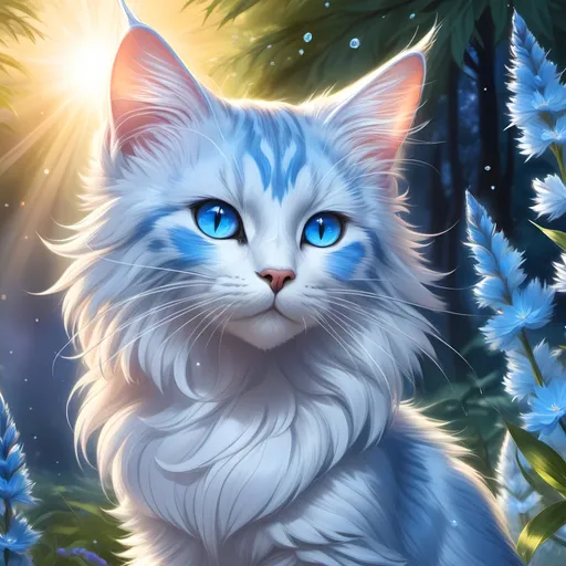 Prompt: warrior cat with {silver-blue fur} and {crystal blue eyes}, senior she-cat, Erin Hunter, gorgeous anime portrait, beautiful cartoon, 2d cartoon, beautiful 8k eyes, elegant {blue fur}, pronounced scar on chest, fine oil painting, modest, gazing at viewer, worm's eye view, frosted flowers, zoomed out view of character, wears a bracelet, 64k, hyper detailed, expressive, timid, graceful, beautiful, expansive silky mane, golden ratio, precise, perfect proportions, vibrant, tanning by a sun-bathed river, hyper detailed, complementary colors, UHD, HDR, top quality artwork, beautiful detailed background, unreal 5, artstaion, deviantart, instagram, professional, masterpiece