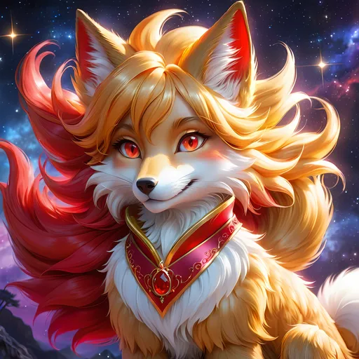 Prompt: warrior (fox) with {bright scarlet fur} and {ruby red eyes}, feral fox, kitsune, nine-tailed fox, gorgeous anime portrait, beautiful cartoon, beautiful 8k eyes, elegant {red fur}, four-legged, quadruped, pronounced scar on chest, oil painting, modest, gazing at viewer, fiery red eyes, glistening golden hair, furry golden paws, low angle view, 64k, hyper detailed, expressive, graceful, beautiful, small lithe cat, expansive silky golden mane, shining fur, deep starry sky, UHD background, golden ratio, precise, perfect proportions, vibrant colors, standing majestically on a tall crystal stone, hyper detailed, complementary colors, UHD, HDR, top quality art, beautiful detailed background, unreal 5, artstaion, deviantart, instagram, professional, masterpiece